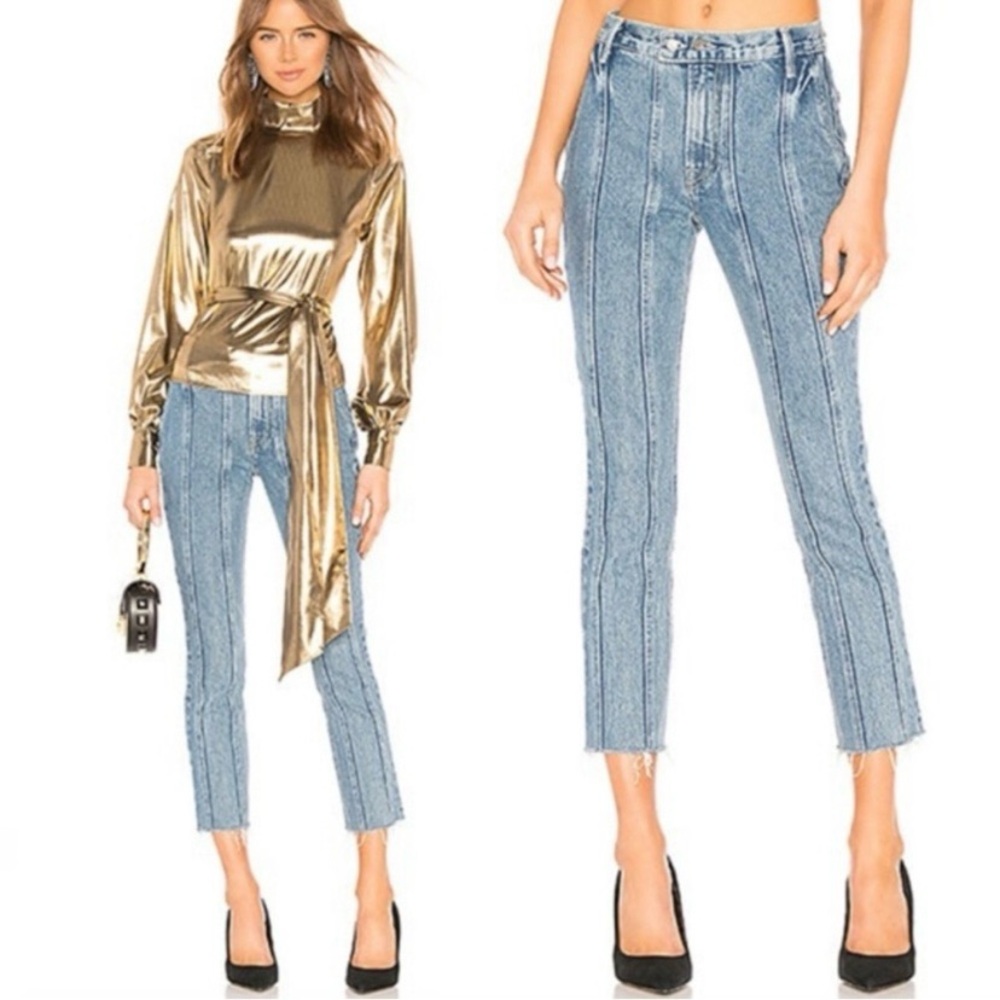 GRLFRND Light Blue High Rise Striped Seamed Jeans